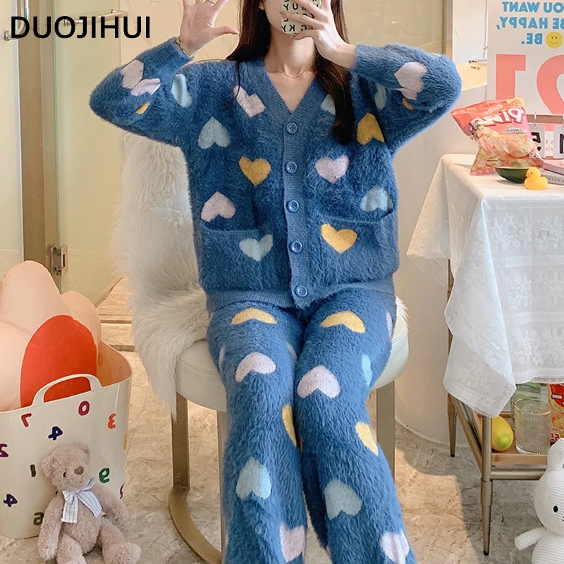 DUOJIHUI Sexy V-neck Cardigan Basic Pant Loose Pajamas for Women Winter Chic Printed Simple Warm Soft Fashion Female Pajamas Set