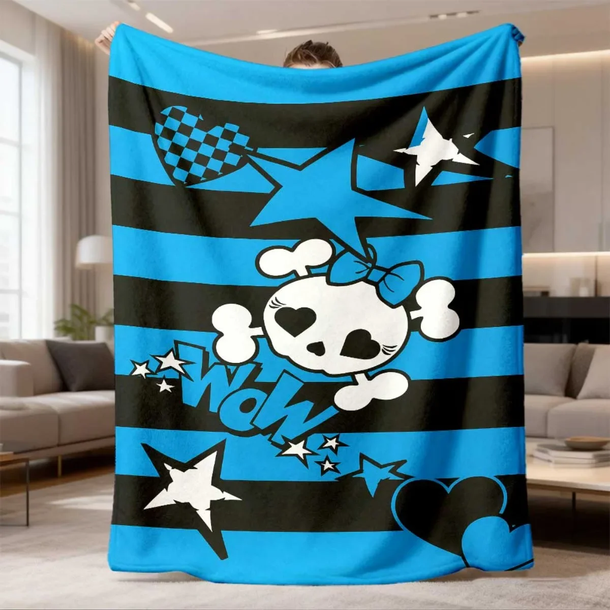 2026 Latest Flannel Blanket 1pc Blue & Black Striped Throw Blanket with Cartoon Skull and Stars Cozy, Stylish Polyester, Perfect
