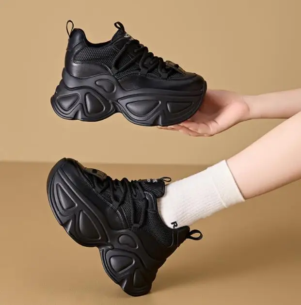 High Platform Wedge Sneakers Women Chunky Leather Shoes 2025 Deisgn Breathable Mesh Walking Sneakers 9CM Vulcanize Sport Shoes - view 5