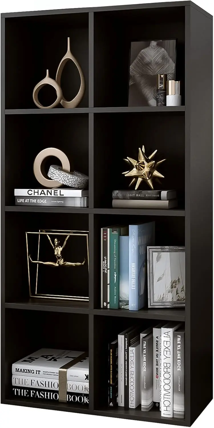 

8-Cube Wooden 4-Tier Floor Standing Bookshelf - Modern Open Storage Shelf for Home Office, Fits TVs up to 55 Inches, Black