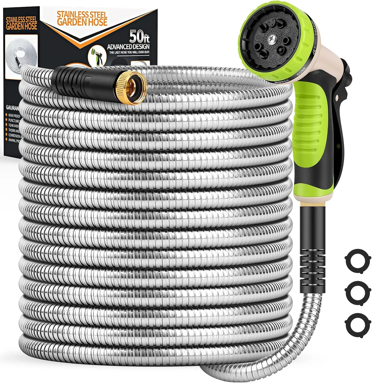 

Garden Hose 50ft, Heavy Duty Stainless Steel Water Hose with 10 Functional Nozzles, No Kink, Lightweight and Flexible