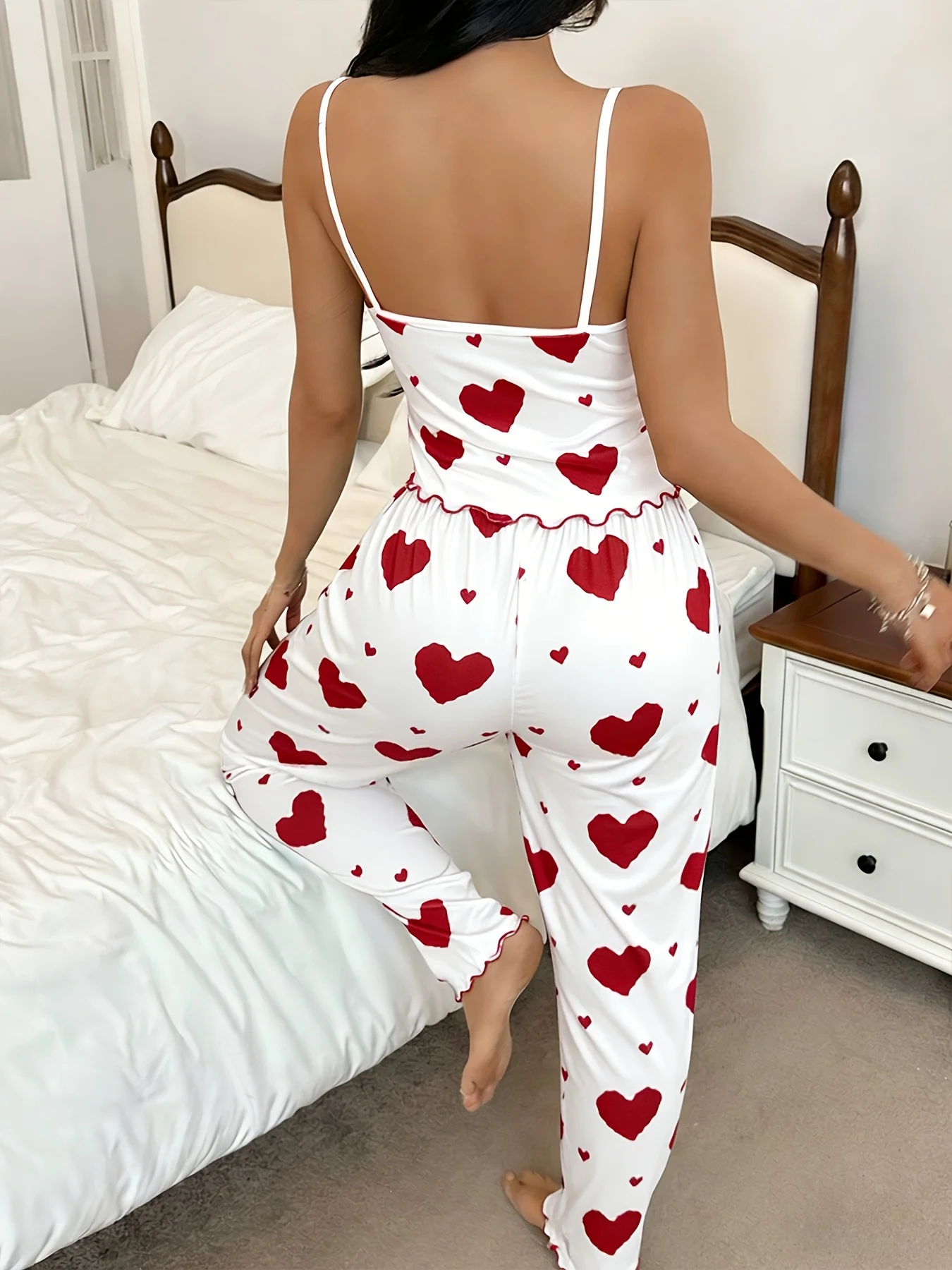 Women's Sleepwear Casual Heart Pattern Red Ruffle Camisole + Red Heart Print Long Pants 2 Pieces Pajamas Set