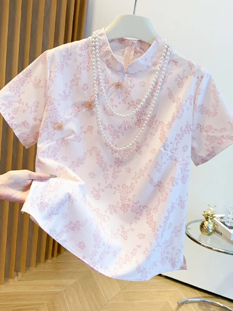 Haut brodé rétro rose à col montant, style national, pour femme, été, nouvelle collection, style chinois moderne