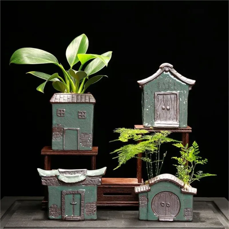 Chinese Style Jiangnan House Ge Kiln Purple Sand  Pottery Flower Pot Retro Creative Ceramic Flower Pot Succulent Flowerpot ZI869