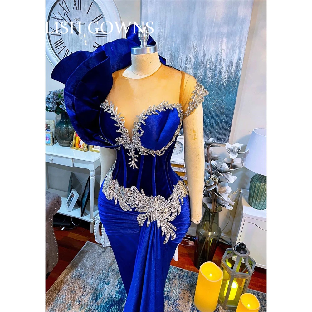 

Royal Blue Sheer O Neck Evening Dress For Black Girls Sparkly Beaded Birthday Party Gowns Ruffles Long Prom Dresses Mermaid Robe