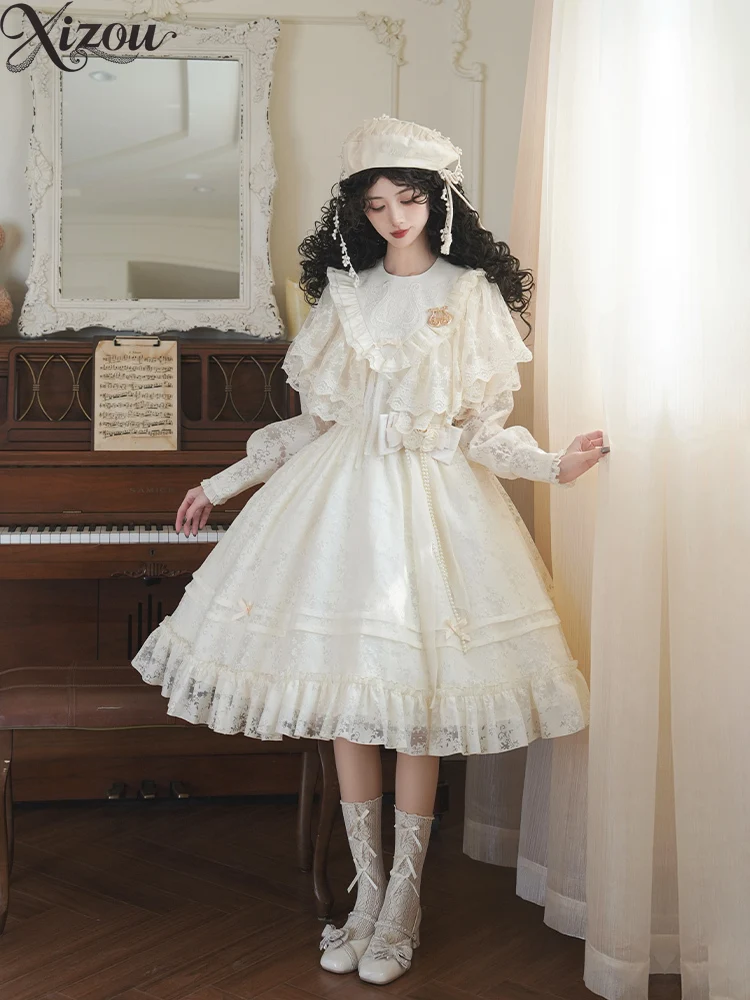 

Lolita Puff Sleeve Long Dress Spring Autumn Party Birthday Slim Peter Pan Collar Ball Grown Dresses Gift Clothes Sweet Girl
