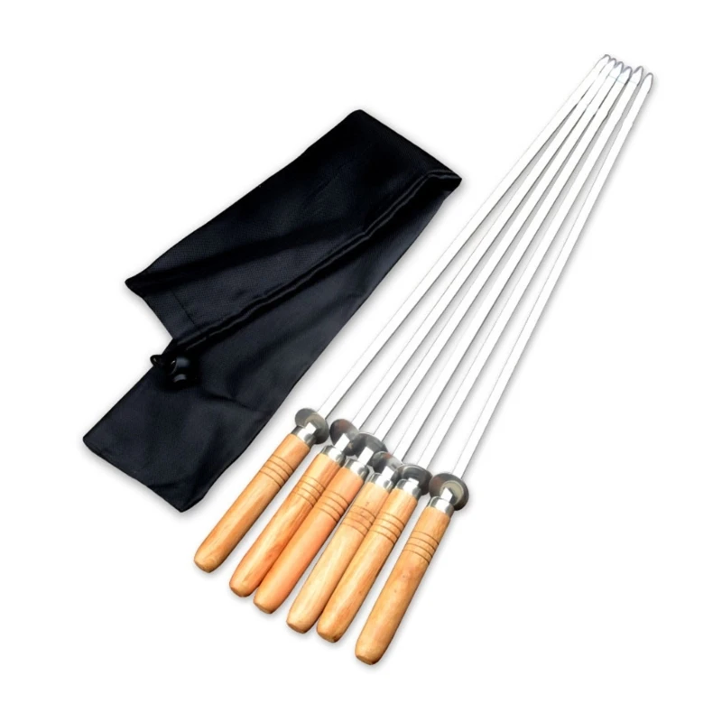 

New 6Pieces Stainless Steel Barbecue Skewers Non Slip Handles BBQ for Camping Flat Metal Kebab Skewers Kitchen