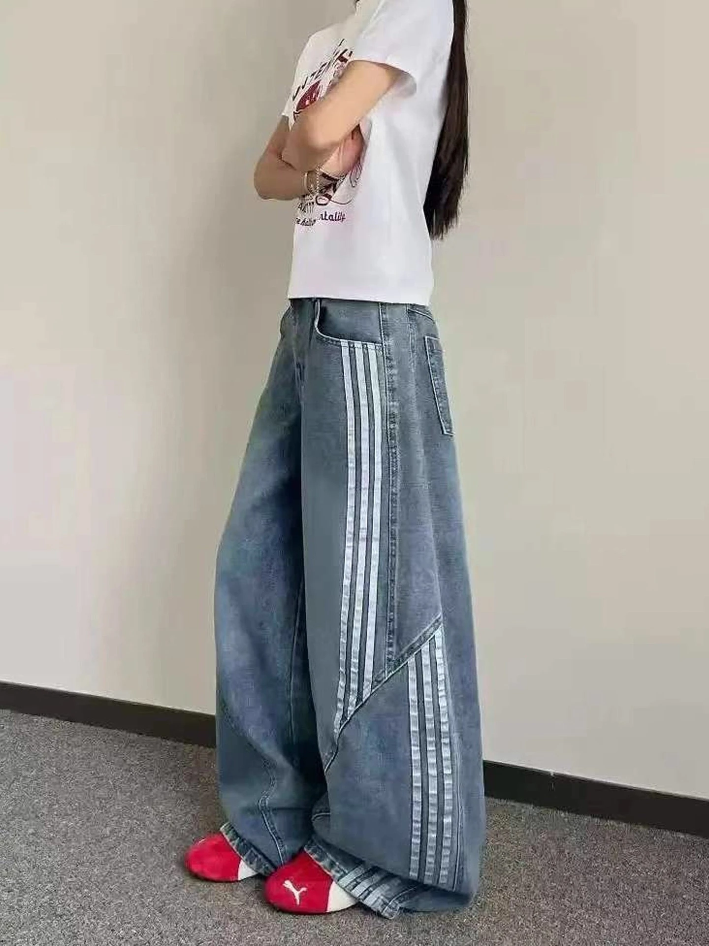 아메리칸 슬레 하이웨이스트 스트레이트 레그 진 여성용 패치워크 와이드 레그 팬츠 트렌디 하이 스트리트 루즈핏 블루 데님