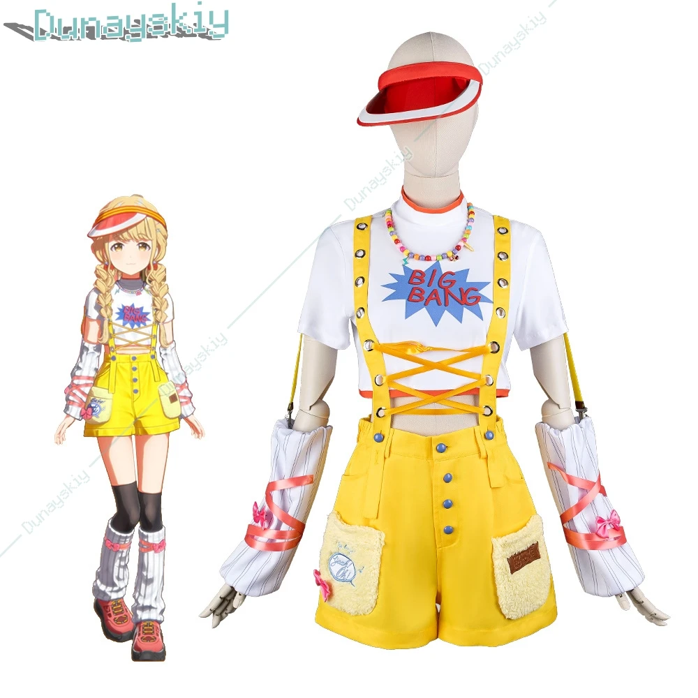 Game Gakuen The Idolm@Ster Kotone Fujita Cosplay Costume Yellow Rompers T-shirt Hat Wig Woman Cute Sexy Daily Leisure Time Suit