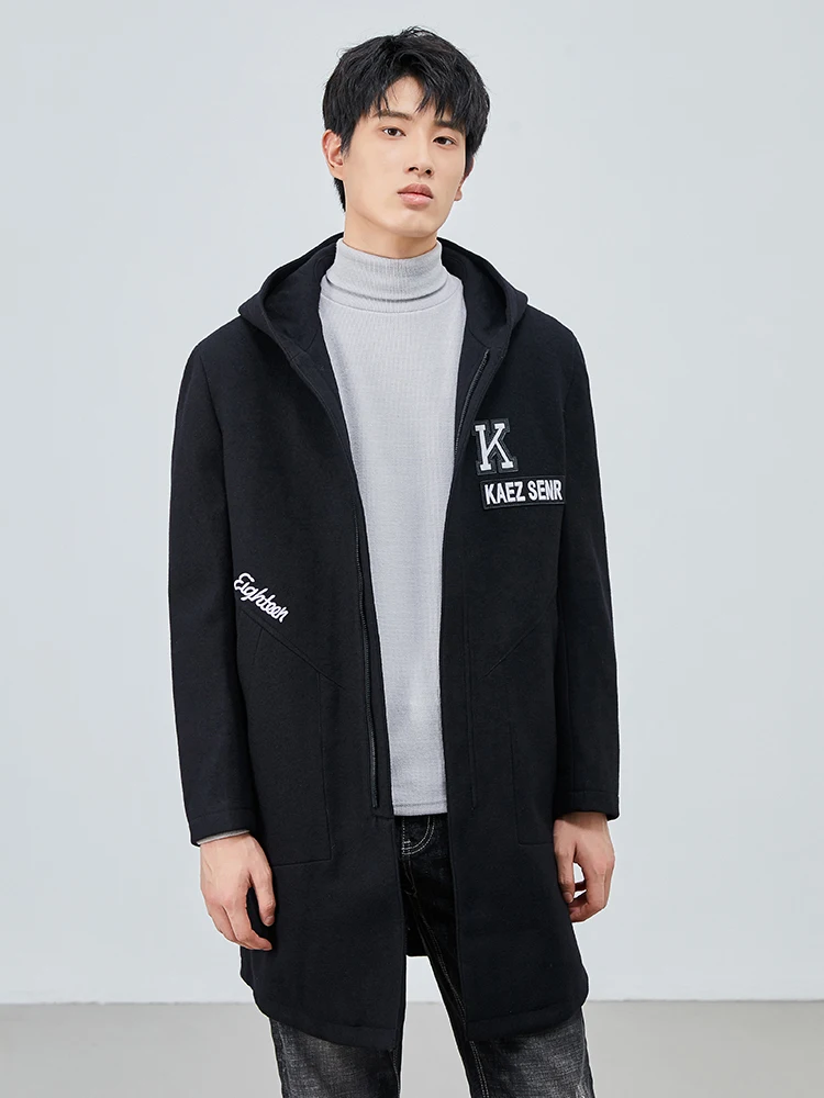 

Мужское повседневное шерстяное пальто с хлопковой подкладкой, капюшоном, весенняя мода, молодежный стиль, декоративная молния, прямой подол, боковые карманы