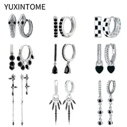 925 Sterling Silver Needle Fashion Black Crystal Silver Earrings Women's Exquisite Geometric Heart Pendant Earrings Fine Jewelry