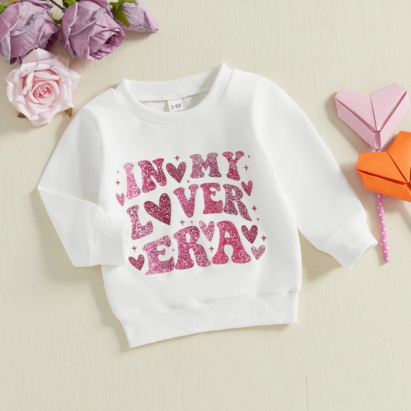 

Cute Toddler Girl Heart Print Valentine’s Day Sweatshirts Long Sleeve Round Neck Pullovers Spring Tops with Bow Detail