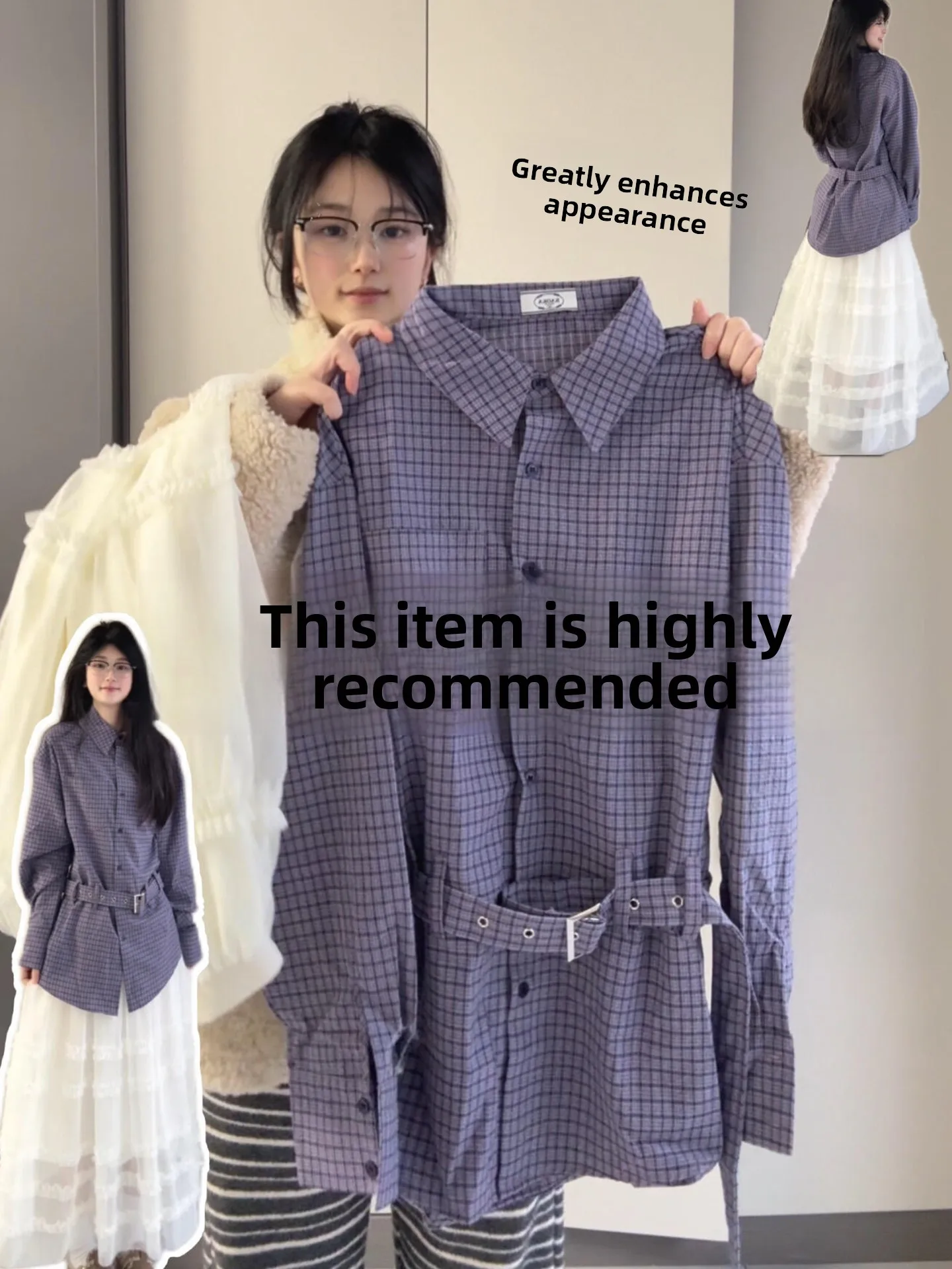 

Loose Long Sve Plaid irt Women's Korean Sle Purple Collar Spring New Arrival Ele Open Cardigan Top Sweet Sle