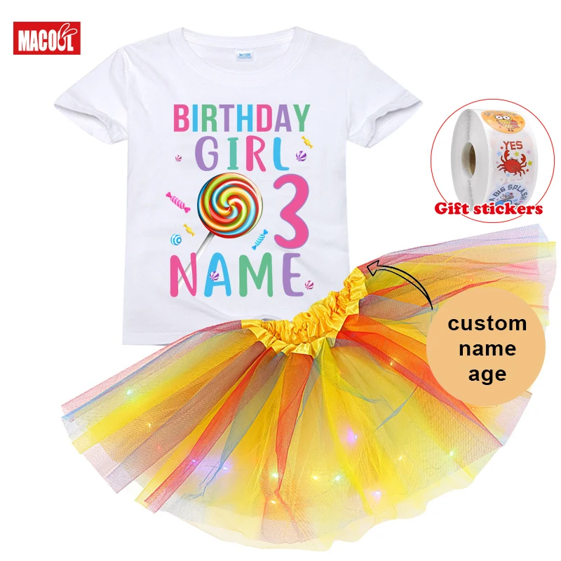 Lollipop Candy Birthday Party Outfits Girls Birthday Outfit Custom Name Dress 3PC Kids T-shirt+Girls\' Skirt+Children\'s Stickers