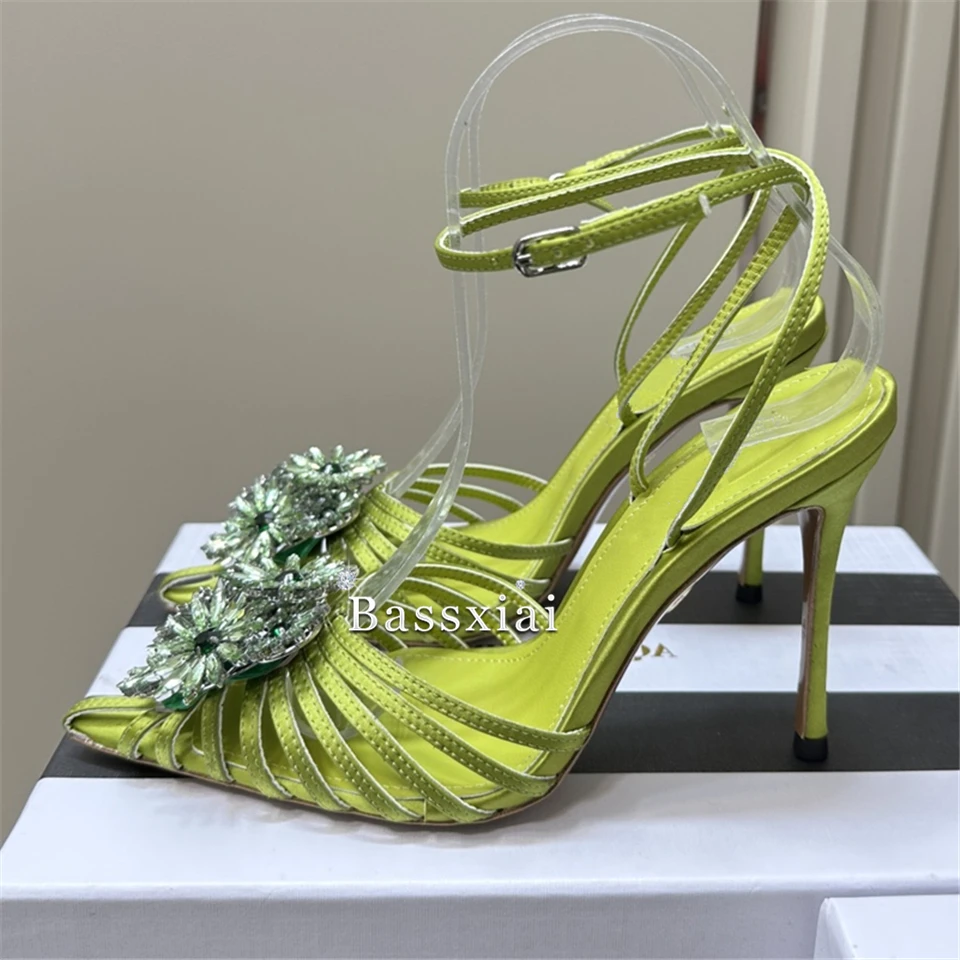 Crystal Flower Buckle Embellishment Sandals Women 10cm Stiletto Heel Sexy Narrow Band Pointed Toe Ankle Strap Summer Shoes