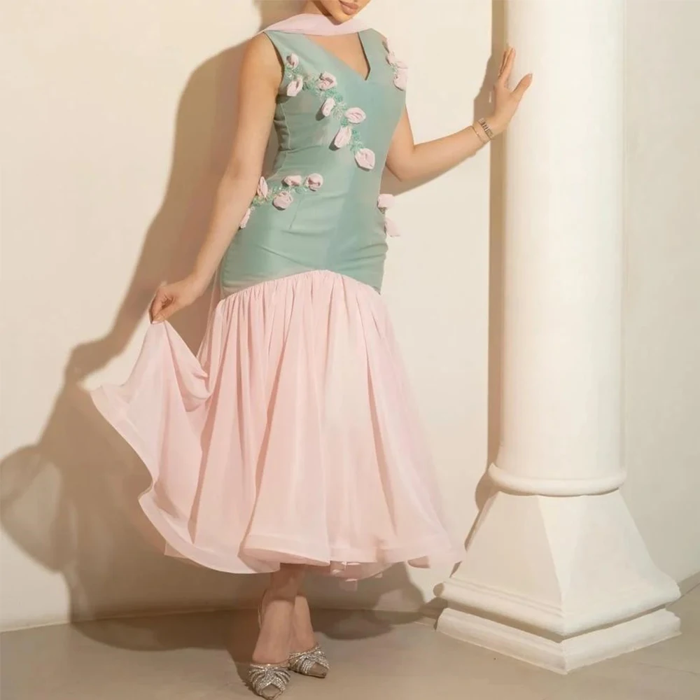 

Modern Two Colors Evening Dress V-Neck Sleeveless Tea-Length with Beading and 3D Flower Wedding Party Women Customized Gowns
