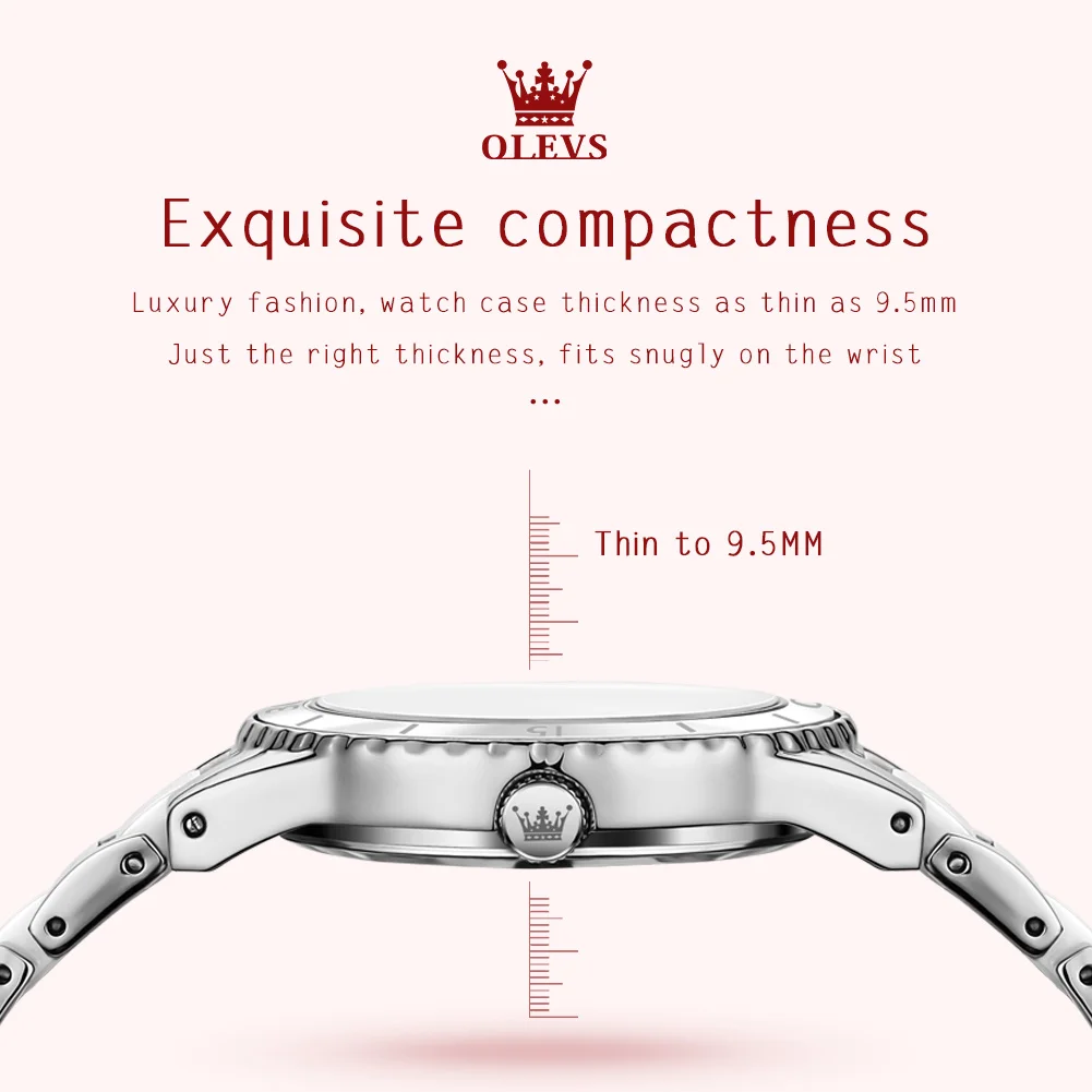 OLEVS 9985 ساعة نسائية فاخرة قسط ساعة كوارتز نسائية أنيقة سيراميك مقاوم للماء مضيئة تاريخ ساعة نسائية ساعة هدية لها
