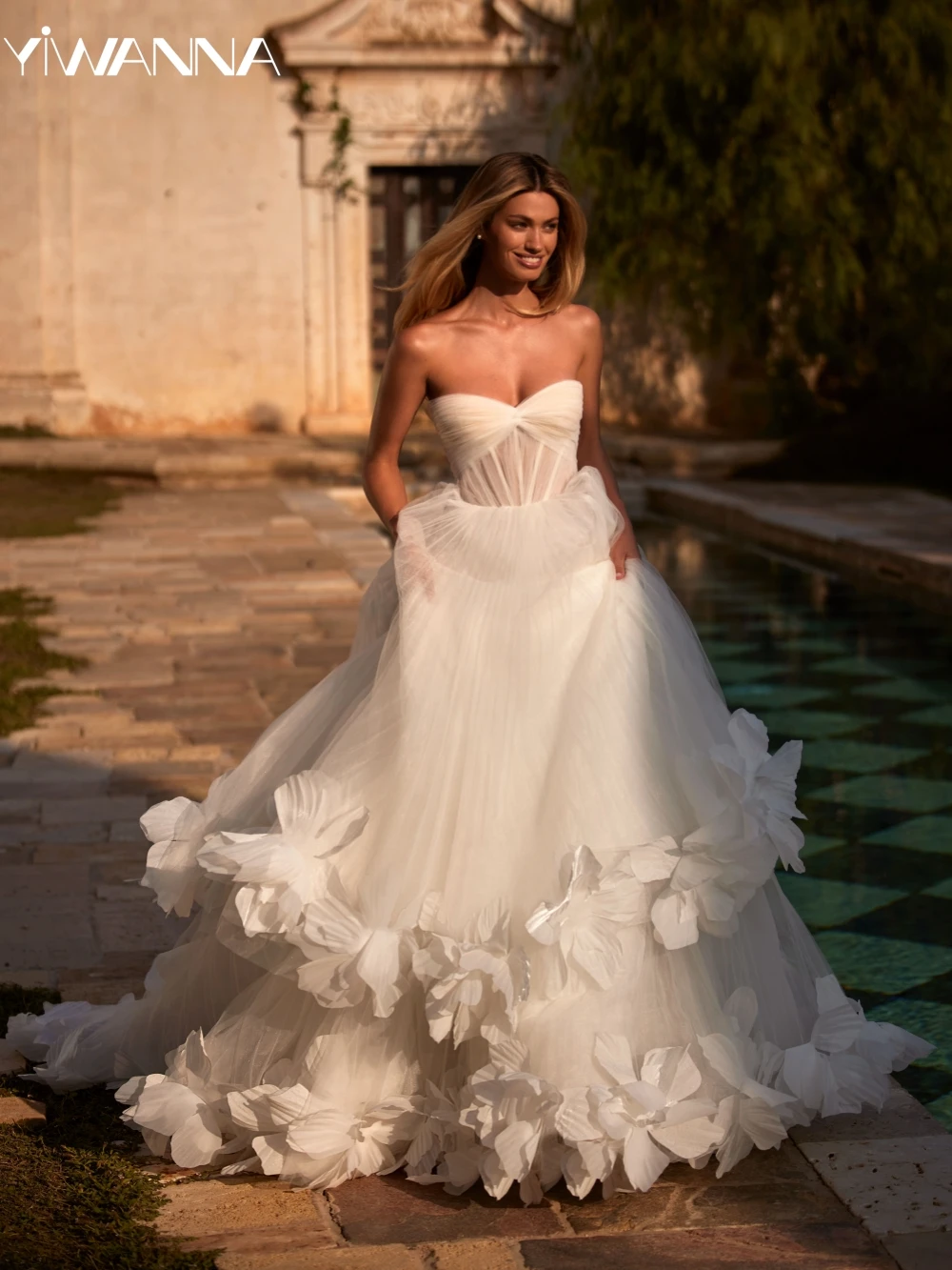 2024 Affascinante abito da sposa fiore 3D senza maniche Backless Abito da sposa Graceful Tulle A-line Abito da sposa lungo Robe De Mariée