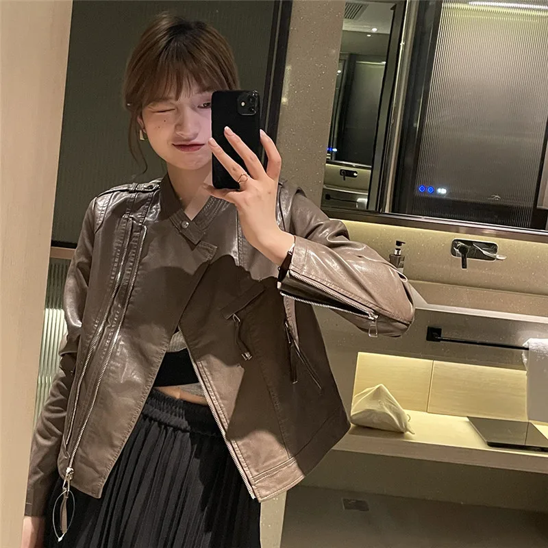 Spring Women Stand Collar Slim Short Faux Leather Coat Autumn Female Long Sleeve Cropped Biker Jacket Streetwear Pink Blue Black