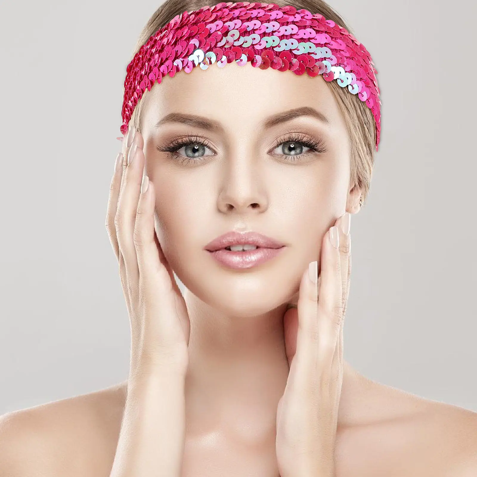 1Pcs Sports Headband Elastic Sequin Glitter Hairband Rose Red Padded Sparkly Hair Accessory for Women Girls Birthday Party