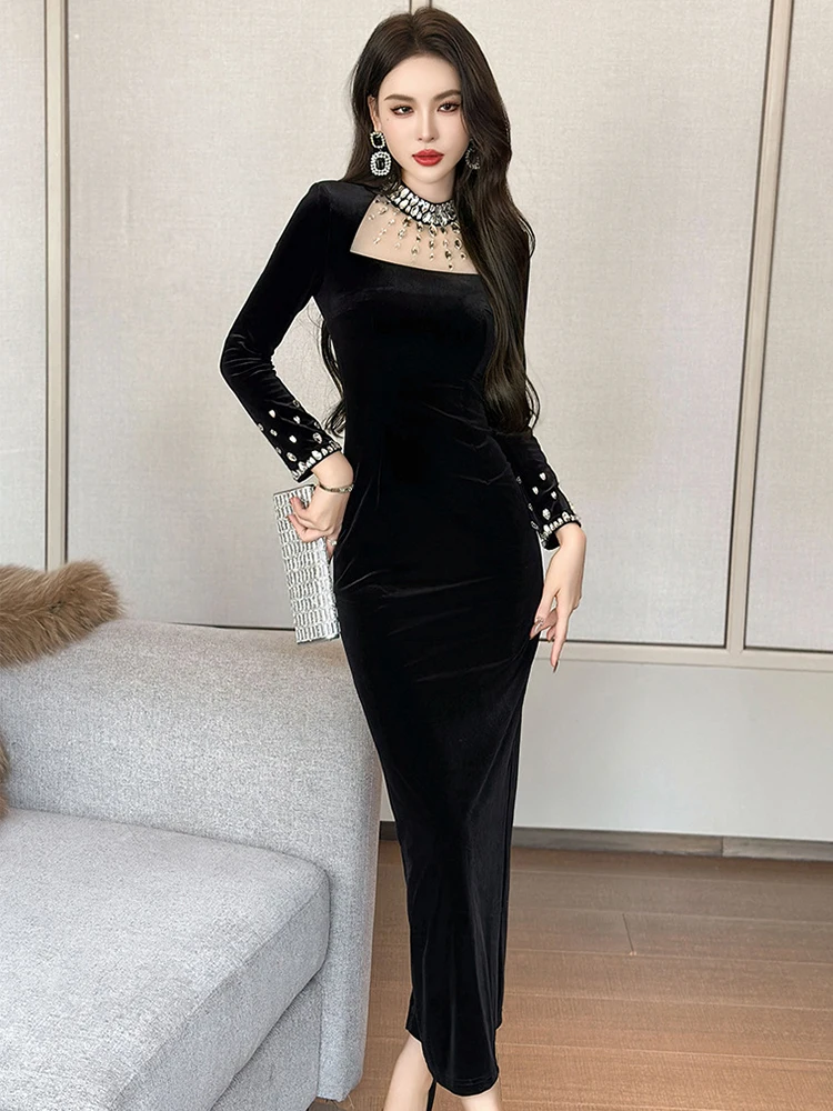 Host Banquet Evening Party Dress Women Luxury Elegant Diamonds Velvet Sheer Gauze Slim Maxi Robe Female Prom Cocktail Vestidos