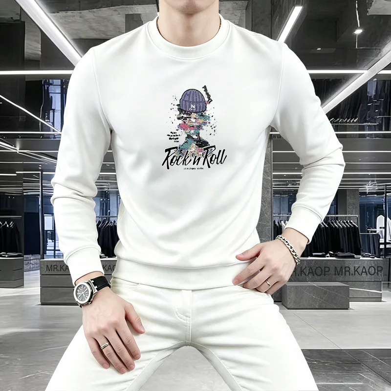Men Long Sleeve Crew Neck Sweatshirt Rock Stylish Print Air Layer Fabric Breathable Sweat Versatile Slim Fit Male Pullover Tops