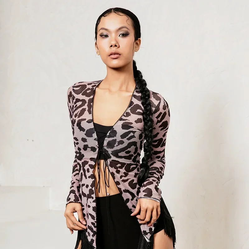 leopard print drawstring cardigan latin dress long sleeved top practice outfit mesh hood shirt line dance suit dress for women