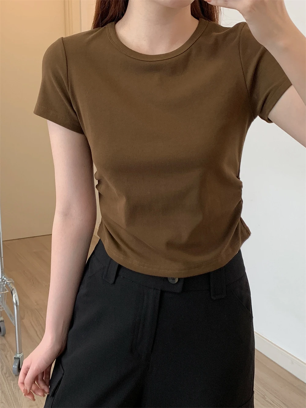 Female Round Neck Short Sleeve T-shirt Summer New Waist Pleated Design Tees Short Tops Basic All-match Slim Fit Bottoming Shirt