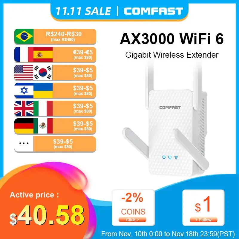 New! WIFI 6 Gigabit Wireless Extender AX3000 Dual Band 2.4/5Ghz WiFi6 Signal Booster Repeater Long Range Ethernet Repetidor