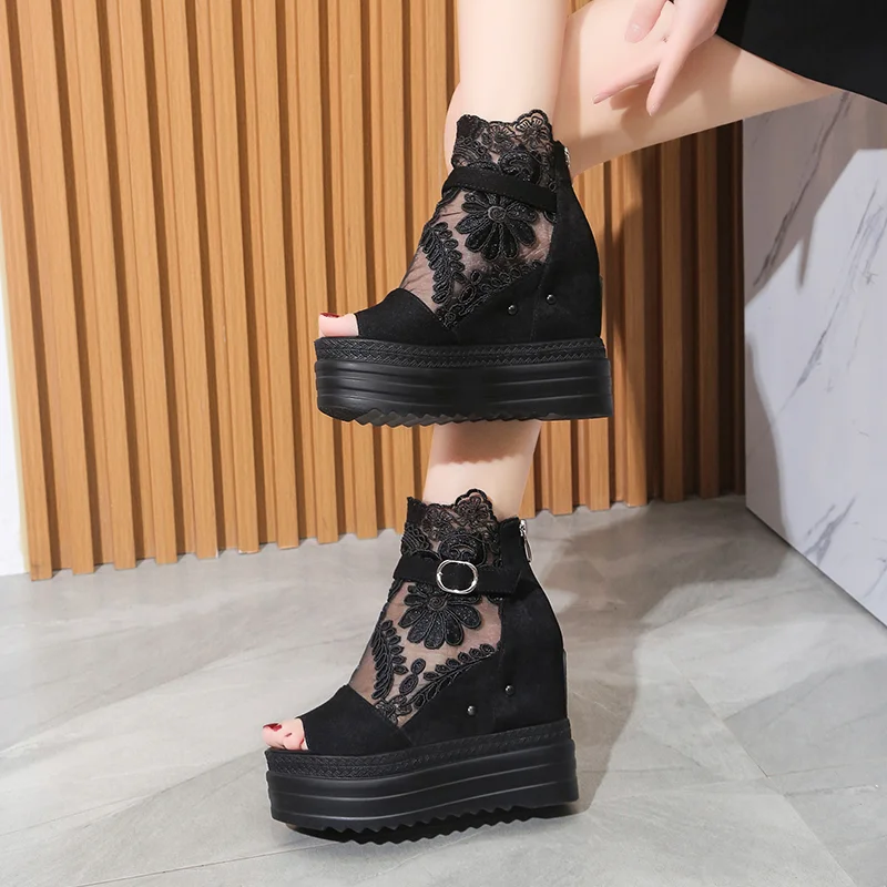 Summer Crystals Buckle Platform Sandals Women Cool ZIP Boots 10cm Wedges Heel Height Increasing Peep Toe Lace breathable Shoes