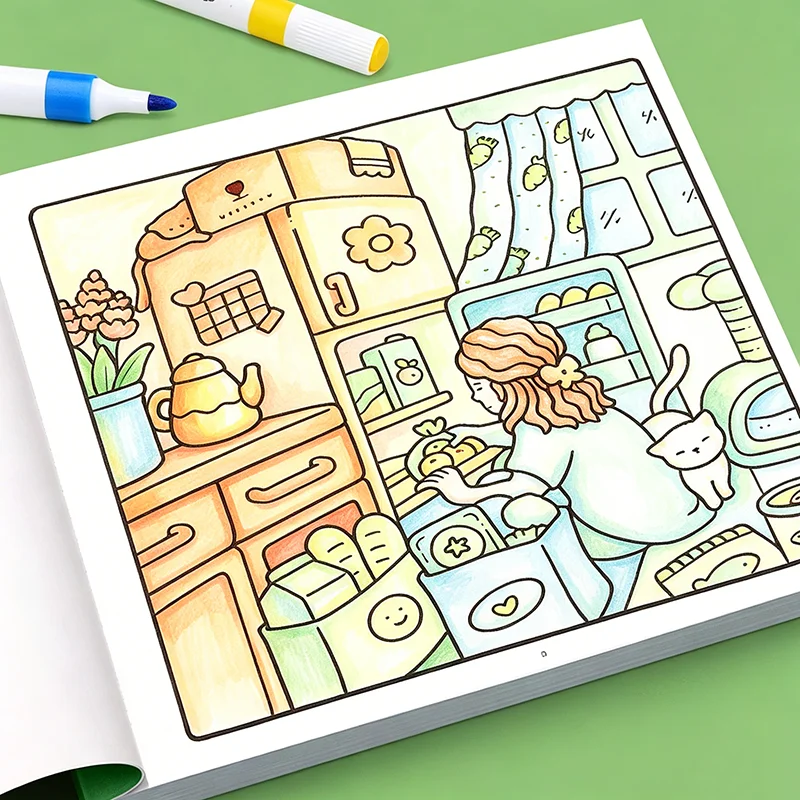 Livre de coloriage Girl Moments : Illustrations chaleureuses de la vie quotidienne en intérieur avec des filles, de mignons chatons et des détails de maisons douillettes
