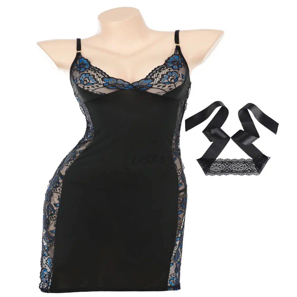 

LISM Sexy Black and Blue Lace Stitching Slip Nightdress V Neck Slim Fit Sheer Side Hip Wrap Lingerie for Women Romantic Night