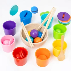 Montessori Wooden Toy Color Matching Game Rainbow Balls in Cups Early Education Learning Toys for Preschool Children Age 3+