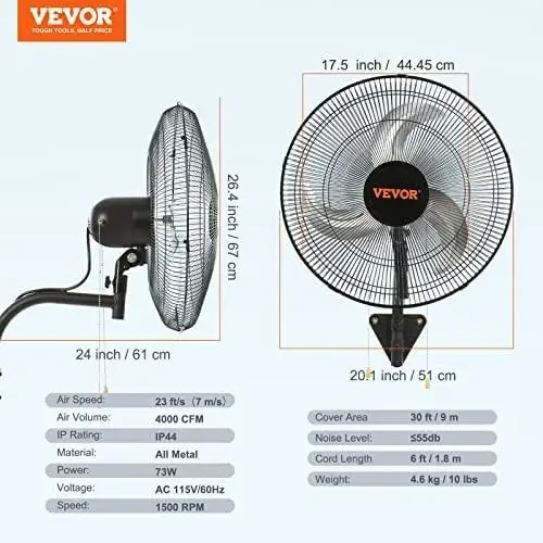 Ventilador de montagem em parede de 18 polegadas oscilante, alta velocidade máxima de 3 velocidades. Ventilador de parede industrial de 4000 CFM para ambientes internos, comerciais, residenciais,