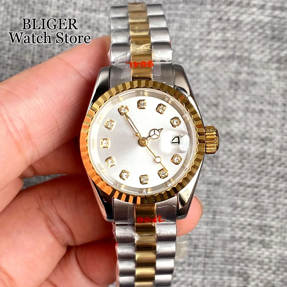 BLIGER Diamond Index 26mm NH05 Automatic Womens Watch Sapphire Glass Two Tone Gold Silver Dial Steel Bracelet Ladies Watch