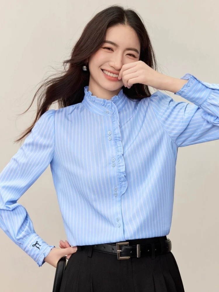 

SENTUBILA Women's Shirt Blue Striped Puff Sleeve Single Breasted Blouses Female Autumn New Commuter Top153CH2410