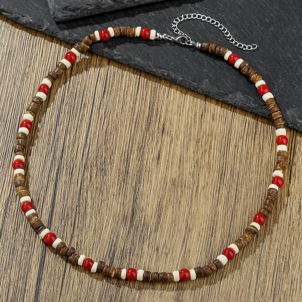 Böhmische Patchwork-Halskette aus roten Holzperlen und Kokosnussschalen für Männer, Hip-Hop, handgefertigter Choker, Retro-Schmuck, Modeaccessoire – Detail 5