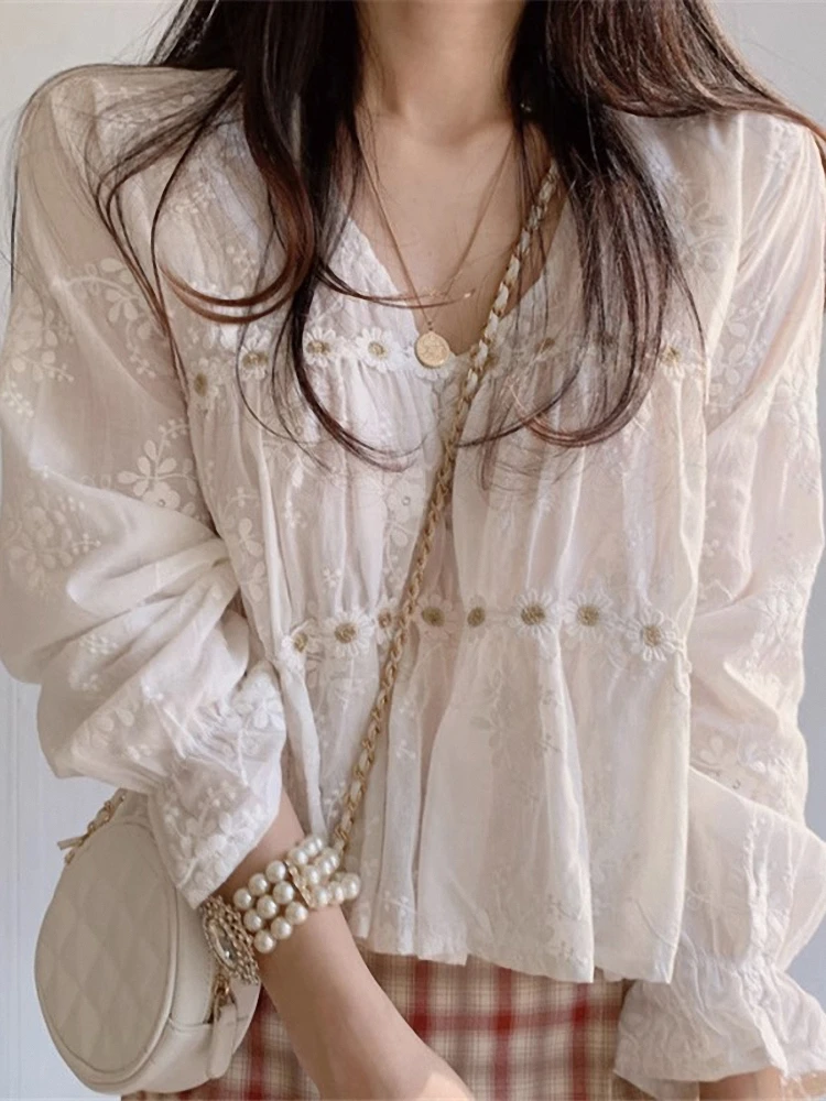 Dulce V-Ne encaje irt coreano Sle suelto nueve puntos Bell Sve mujer verano Faionable Top viaje Sle bordado