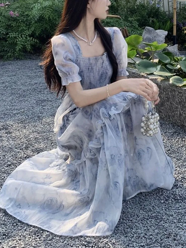 Falda Larga de Gasa con Estampado Floral Vintage para Mujer, Diseño de Verano, Estilo Burbuja de Alta Gama, Corte en A