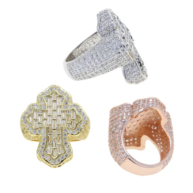 

2025 New Fashion Hip Hop Iced Out Bling Full Cz Cubic Zirconia Rock Punk Cross Shape Charm Finger Rings for Men Boy Jewelry