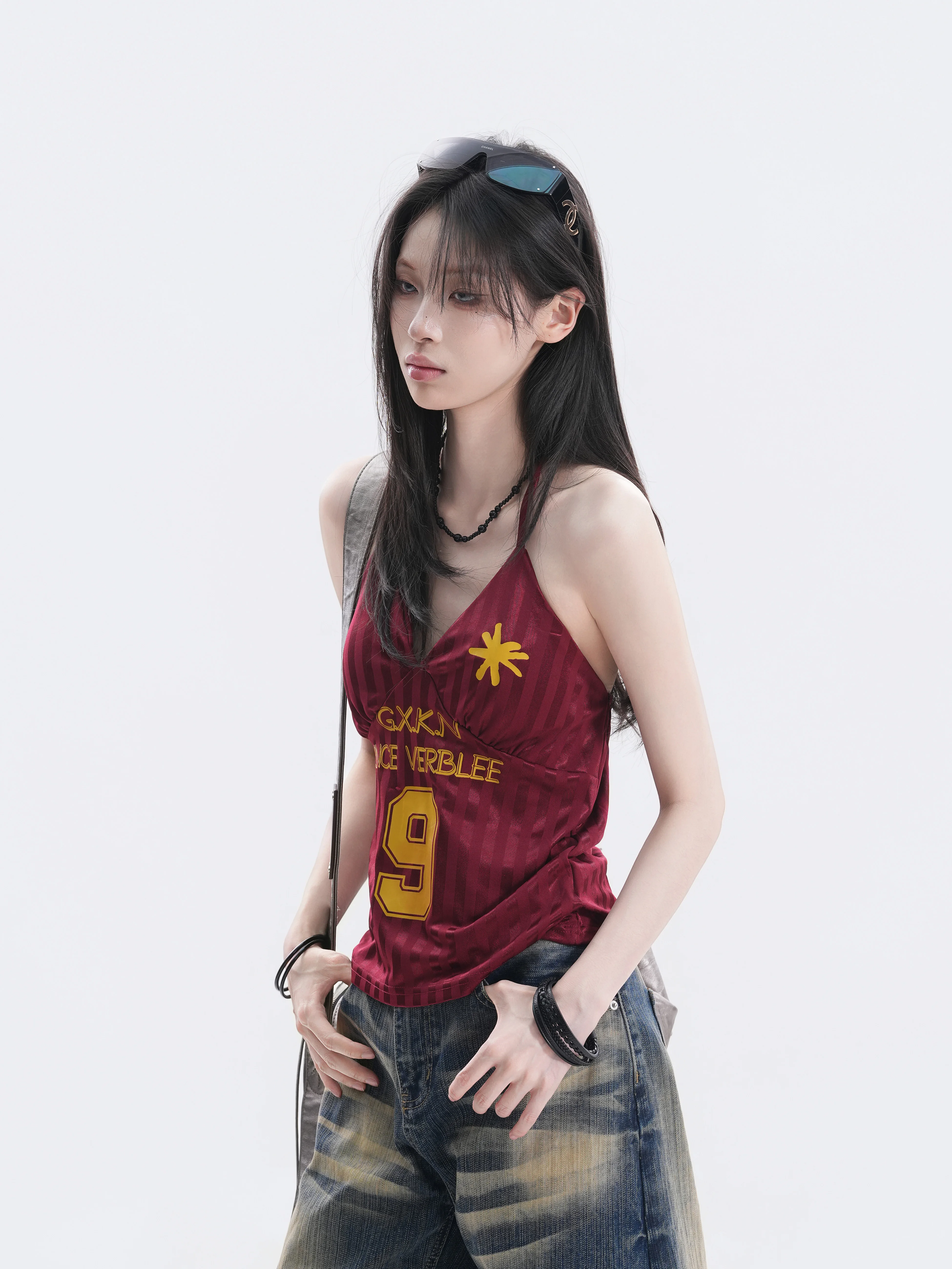 

Sexy American Girl Stripe Neck Hanging Strap Top Shoulder Exposure Tank Top T-Shirt Sweat Absorbing Quick Dry Short Length