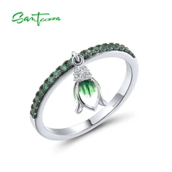 SANTUZZA Real 925 Sterling Silver Rings For Women Sparkling Green Spinel Danling Tulip Flower Charming Gifts Fine Jewelry Enamel