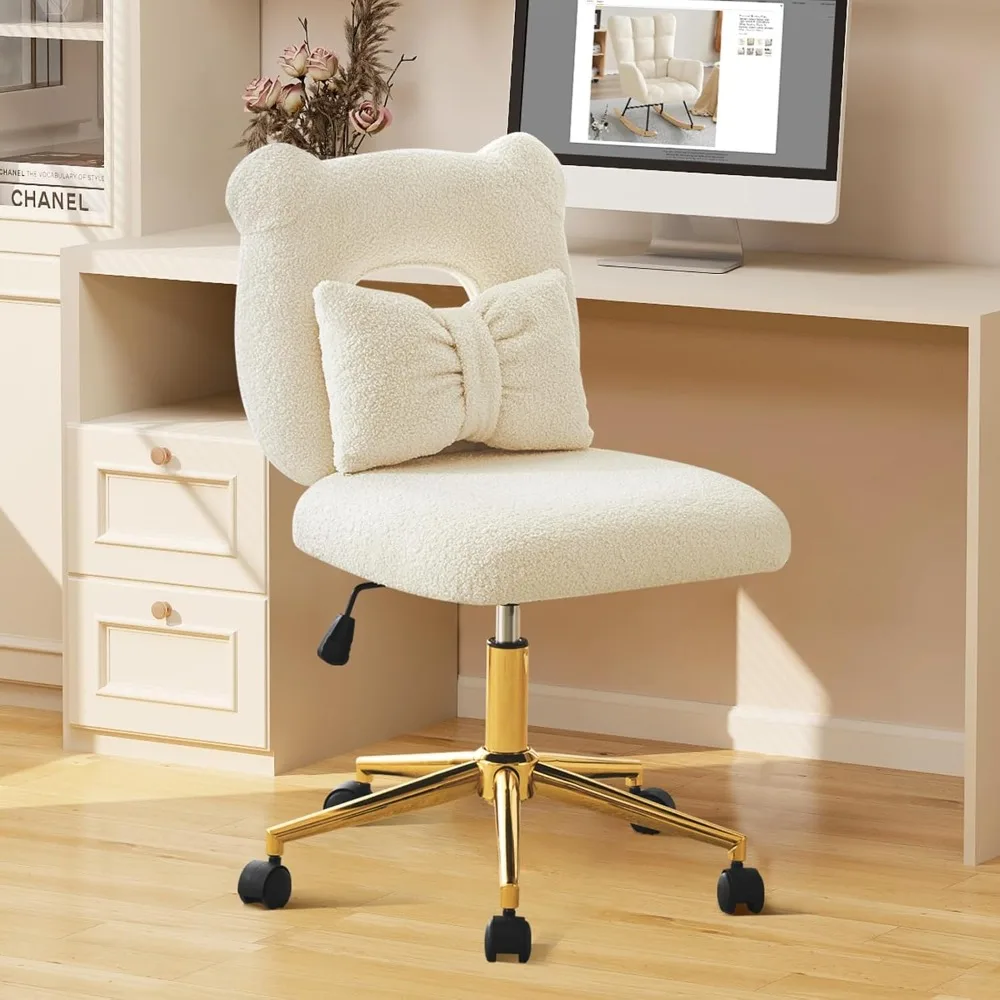 Swivel Desk Chair Cute Vanity Chair with Kawaii Backrest & Lumbar Pillow, Armless Comfy Faux Fur Accent Chairs for Bedroom,