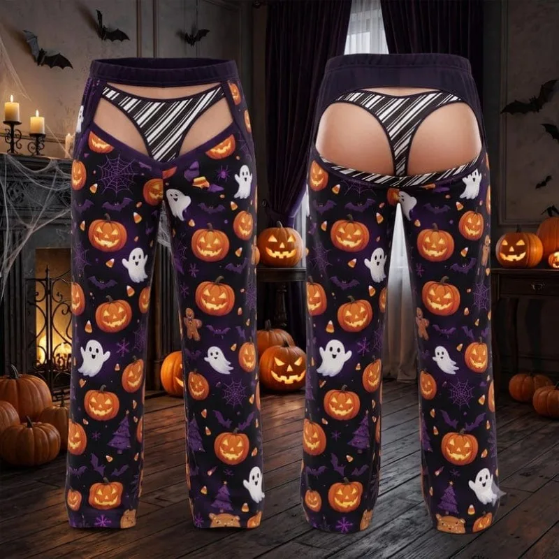 2026New Men's Halloween Fun Home Pants Pumpkin Ghost Bat Spider Web Fake Two 3D Printed Pants Holiday Couple Gift Wide Leg Pants