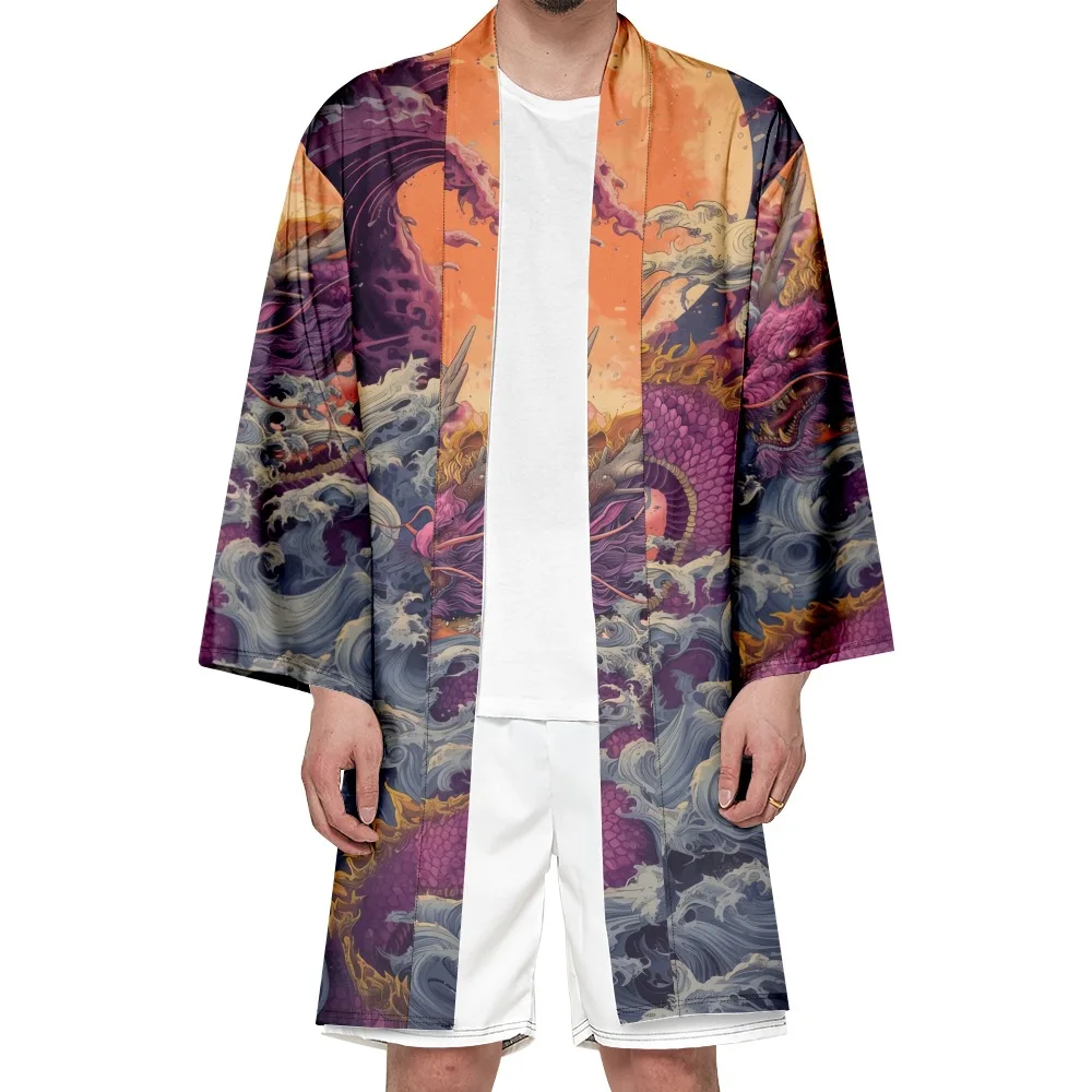 หลวมญี่ปุ่นยาวเสื้อสเวตเตอร์ถักผู้หญิงผู้ชายคอสเพลย์ Yukata เสื้อผ้า Harajuku Wave Dragon พิมพ์กิโมโน