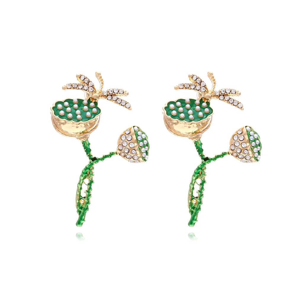 Fun cute alloy diamond lotus pod dragonfly earrings women's fashion imitation pearl flower earrings national style earrings