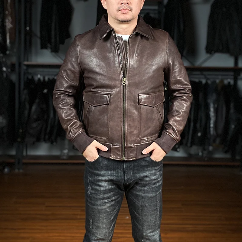 A2 Bomber plus size cheap smart casual natural goat skin jacket men design new pilot classic leather clothing