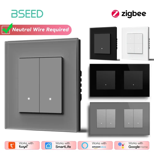 BSEED Zigbee-interruptores de clic serie 1/2/3/4 entradas, interruptores de luz inteligentes de pared, marco de vidrio con retroiluminación amarilla, aplicación Tuya, interruptores de escalera de la UE