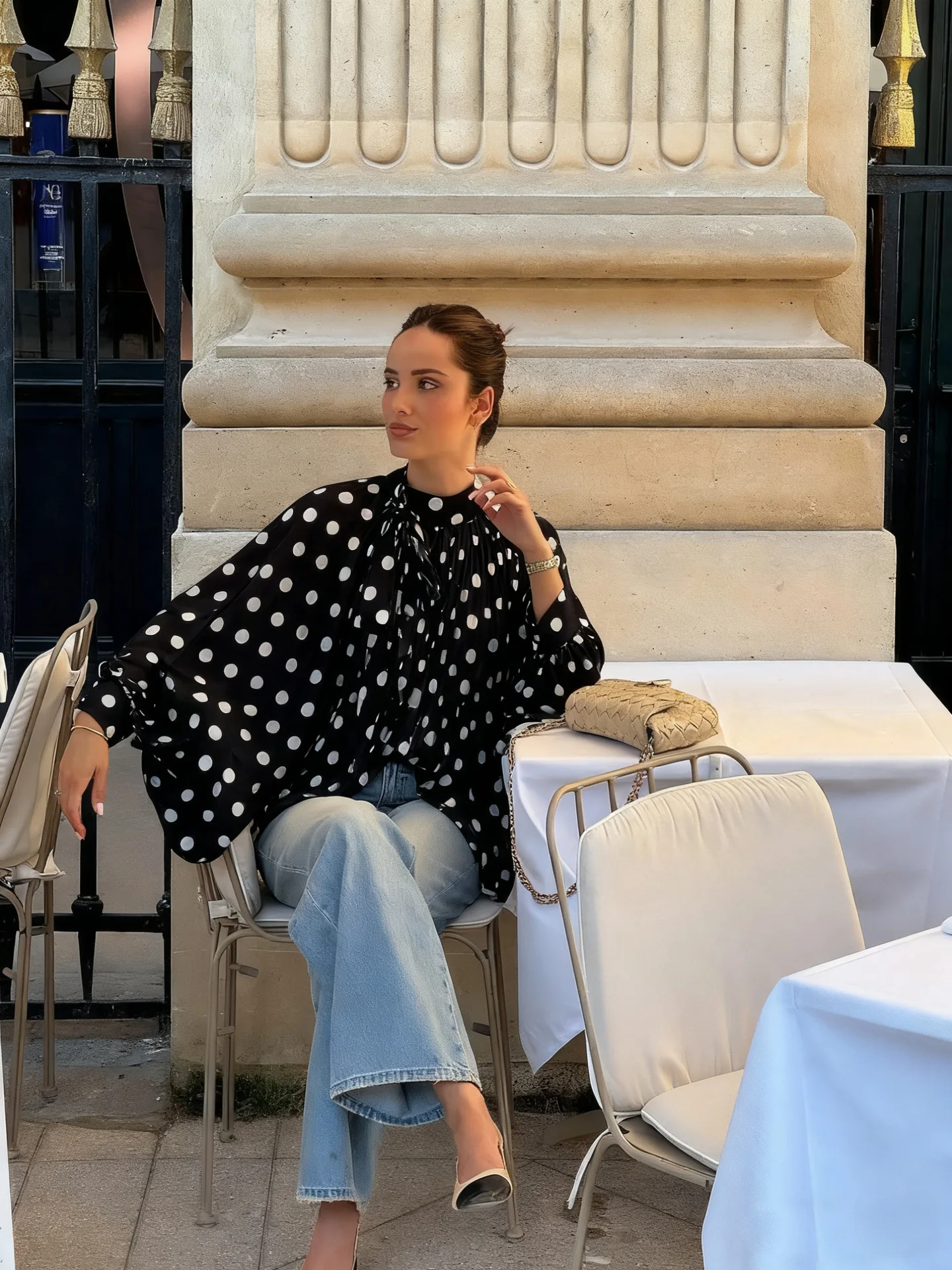 

BreathableChiffon Blouse Polka Dot Tie Blouse SemiTransparent Lantern Sleeve Blouse Sophisticated Relaxed Chiffon Blouses