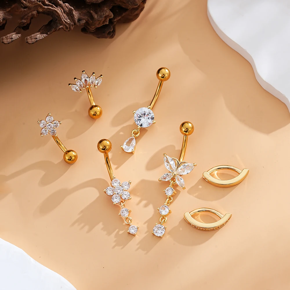 4-7pcs/Lot Belly Button Ring Sets Stainless Steel Heart Dangled Navel Belly Piercing Nombril for Women Mixed Belly Rings Jewelry